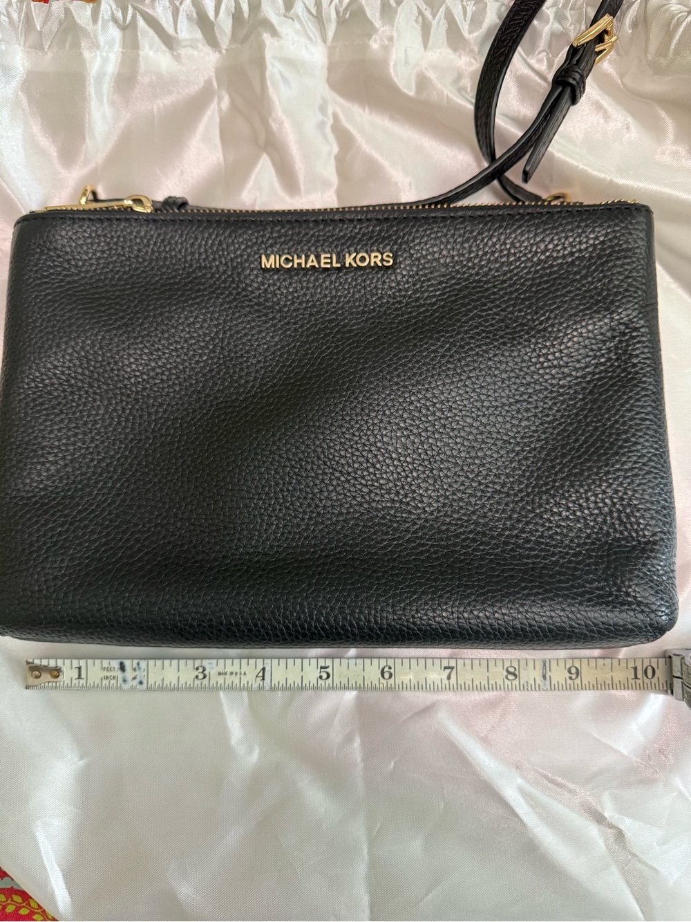 Michael Kors Black Pebbled Leather Crossbody Purse with Gold Accents
